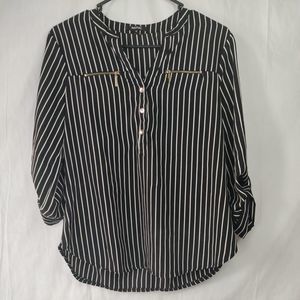 RolyPoly Striped Blouse Size M Gold Zippers  & Buttons Tab Sleeve Top Black & Wh